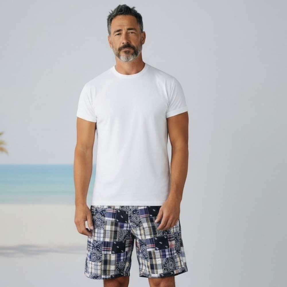 Vintage J.Crew Patchwork Field Shorts Mens 40 Cotton Plaid Paisley Preppy Navy